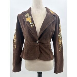 Vintage Y2K‎ TM True Meaning Brown Corduroy Floral Embroidered Cotton Blazer S